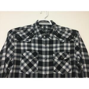 (N5) Y2K Guess Mens Shirt Size M Western Cowboy Embroidered Plaid Snap Pearl